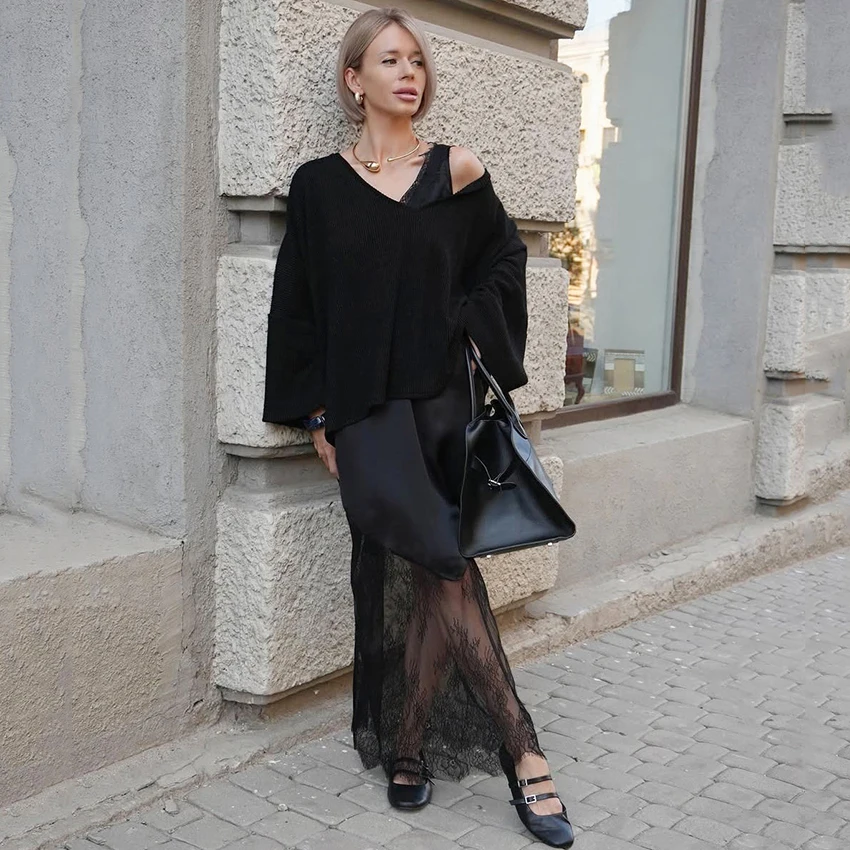 Linad elegante vestido longo de renda preta mulher sexy cetim cinta espaguete vestidos femininos rua chique pura seda vestido reto 2025