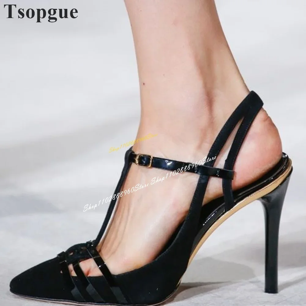 

Stylish Black Catwalk T Strap Sandals Thin High Heel Women Shoes Ankle Buckle Strap Pointed Toe 2024 Fashion Zapatos Para Mujere