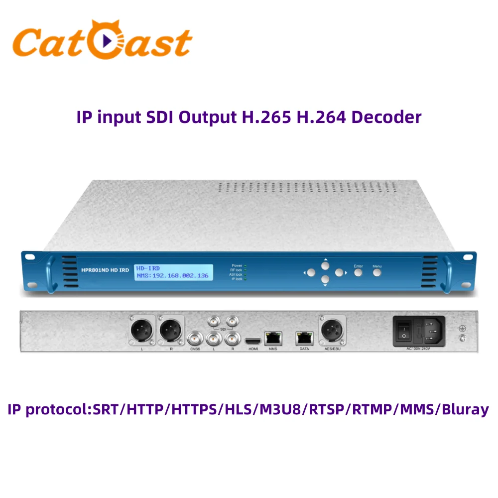 HTTP SRT HLS IP to CVBS Hdmi SDI AES EBU HD IRD Network Decoder with H.264 H.265 Video Decoding