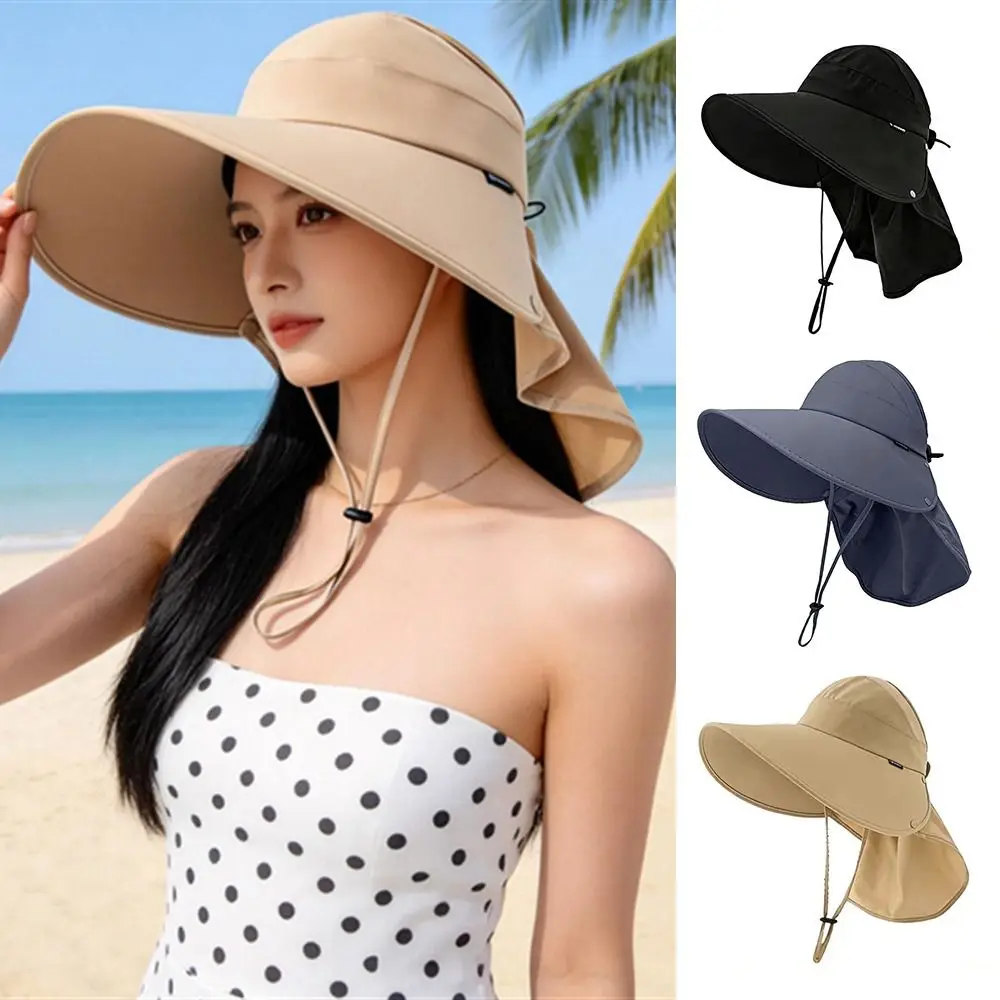 

Fashion Wide Brim Sunscreen Cap Foldable Adjustable Shawl Cap Breathable UV Protection Bucket Hat Women