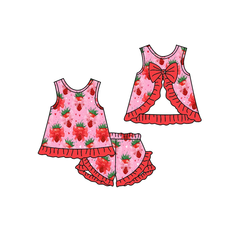 Boutique Girls 2-Piece Short Set Strawberry Watermelon Fruit Print Ruffled Hem & Back Bow Sleeveless Tank Top Ruffle Shorts Cust