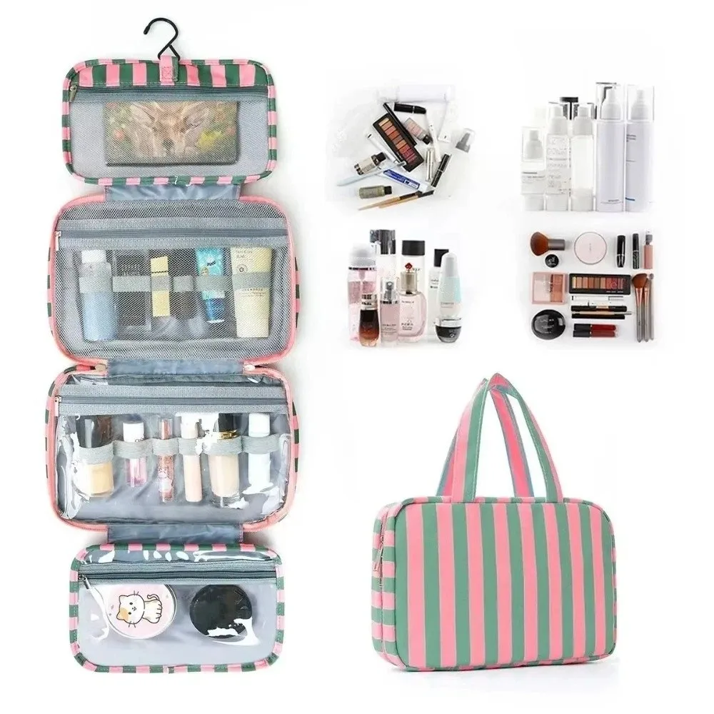 Portable Hanging Travel Toiletry Bag 4-Fold Striped Cosmetic Organizer Large Capacity with Hook Makeup Bag Travel
