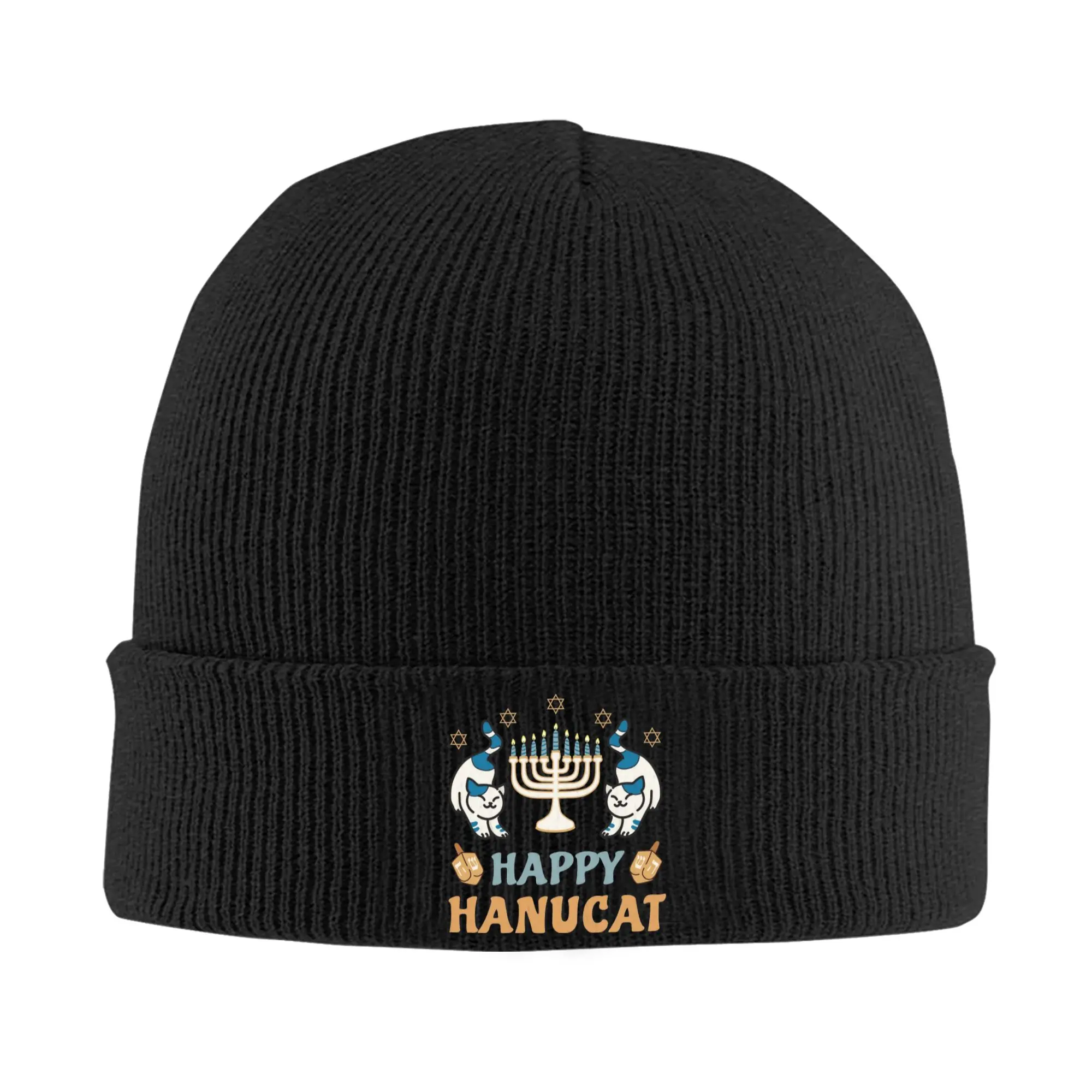 Happy Hanukkah Cat Menorasaurus Hat Autumn Winter Beanie Street  Cap Female Male Acrylic Bonnet