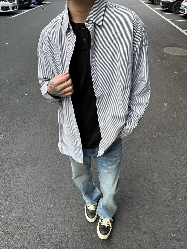 

American Retro Striped Loose Fit Long Sve Collared irt for Men Spring Autumn Trendy Brand Cleanfit Outerwear