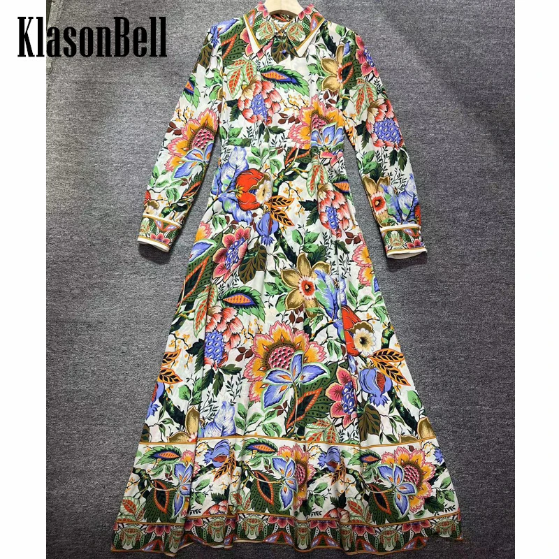 5.13 KlasonBell Fashion Vintage Rainbow Print Silk Dress Fit Women Turn-down Collar Long Sleeve Temperament Holiday Maxi Dress