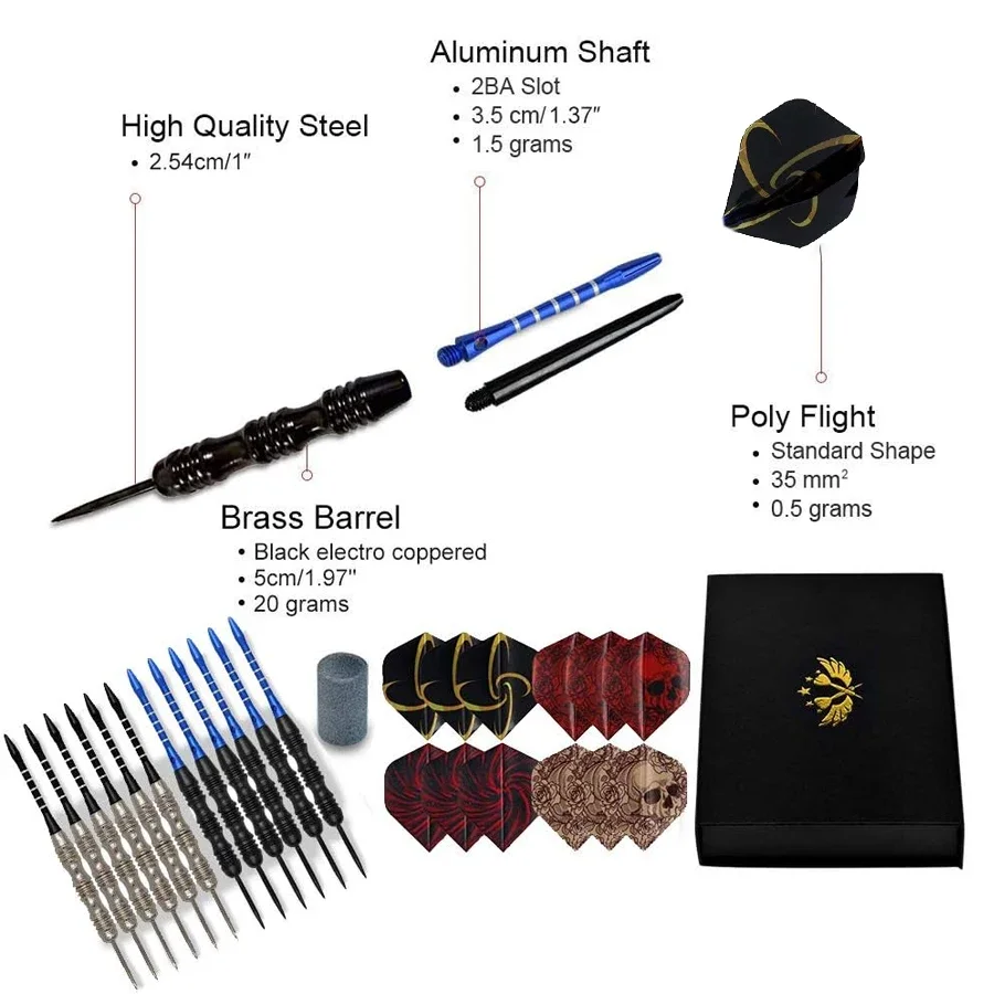 مجموعة سهام احترافية ذات أطراف فولاذية - سهام ذات أطراف معدنية مع أعمدة ألومنيوم ملونة ورحلات وحاميات - مجموعة ملحقات رمي السهام