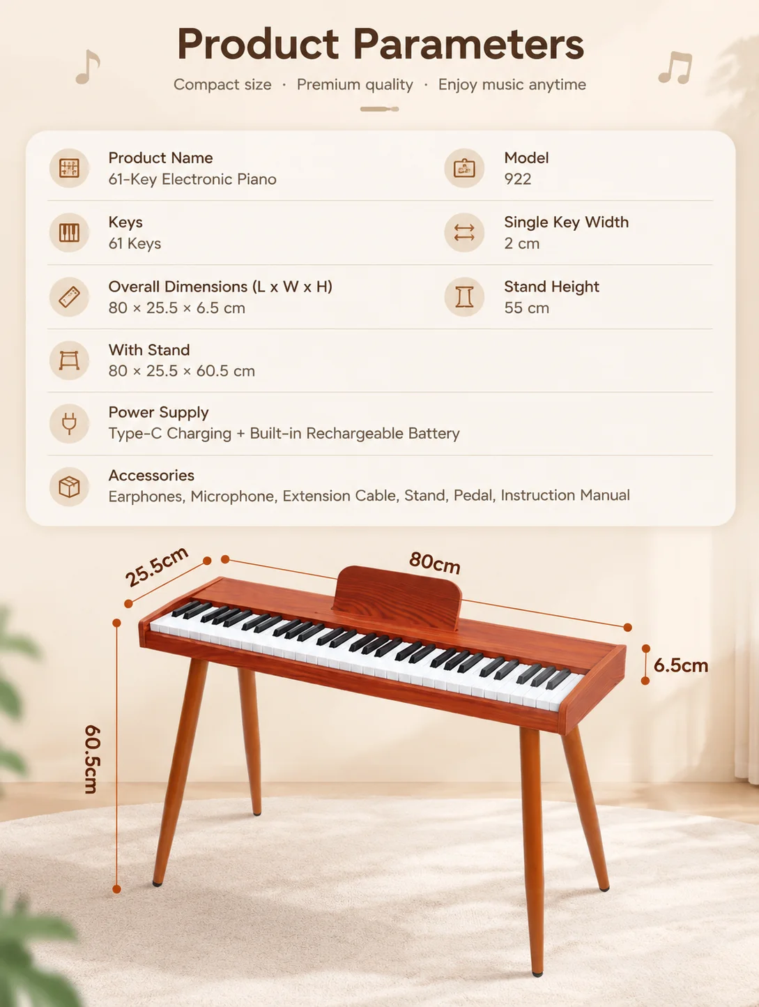 61 Keys Wooden Electronic Piano Type-C Rechargeable Detachable Stand Sustain Pedal Headphone Mic Port for Kids Beginner Home Use