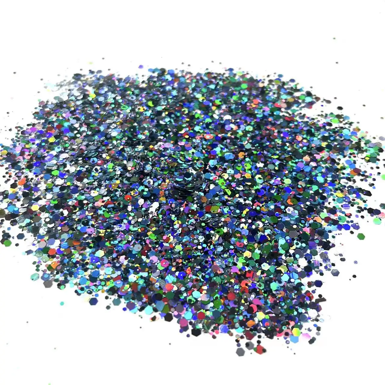 Purpurina holográfica para manualidades, 50g, 500g, gruesa, negra, verde, mixta, hexagonal, venta al por mayor, esmalte reflectante de lentejuelas, Slime