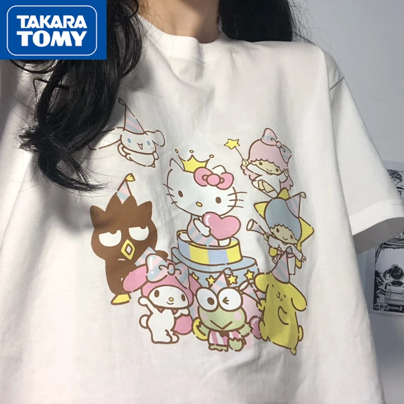 

Летняя новая милая хлопковая Футболка TAKARA TOMY с принтом Hello Kitty, парные топы с короткими рукавами, свободная дышащая футболка для студентов