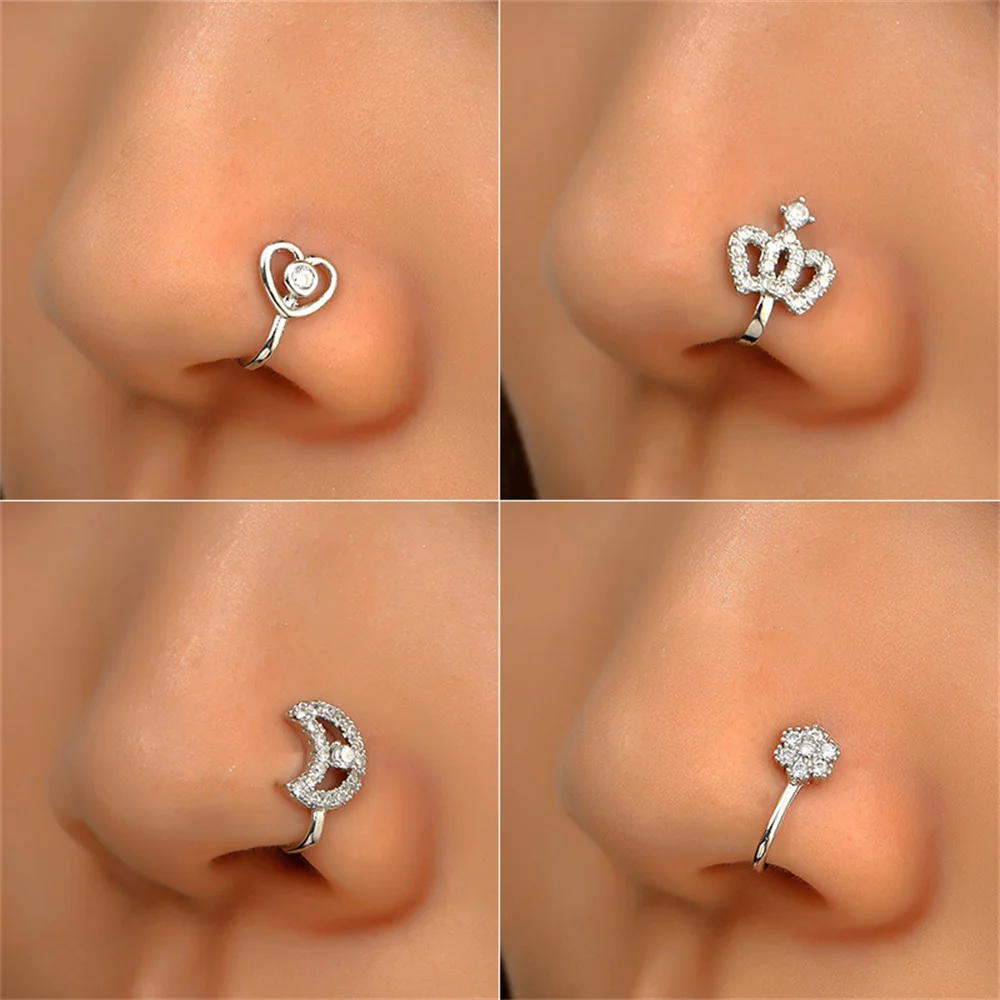 Wu\'s 2022 Summer Non-pierced U-shaped Nose Clip Copper Inlaid Zircon Star Love Crown Nose Ring Fake Nose Piercing Jewelry