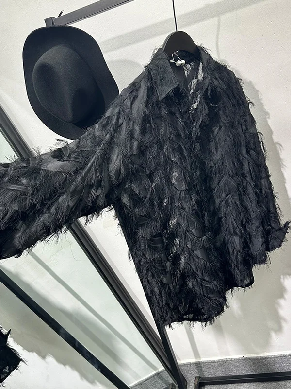 High Street Dark Black Hollow Out Feather Print Loose Long Sleeved Shirt for Men's A Sense of Luxury and Temperament Shirts Tops