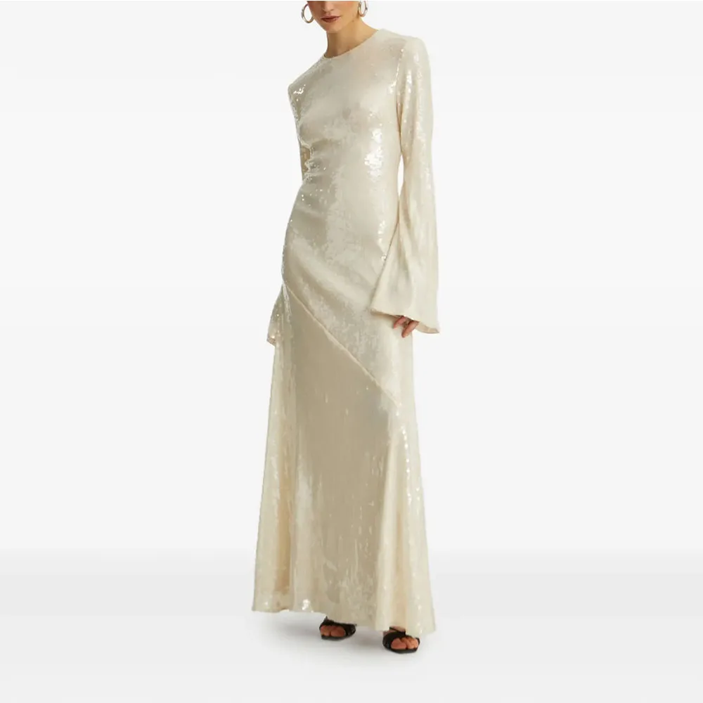 Vestido de noche con lentejuelas de color marfil para mujer, vestido de fiesta largo hasta el suelo, vestido de fiesta Formal de manga larga, vestido saudí de línea A