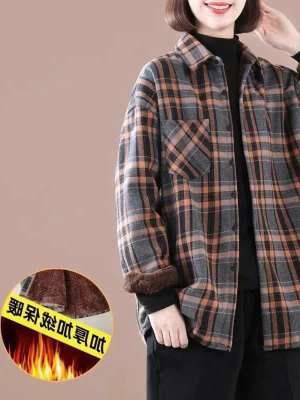 

Женское повседневное пальто из фланели Thiened, осенне-зимнее, новое, винтажное, в клетку, из хлопка и льна, на флисовой подкладке