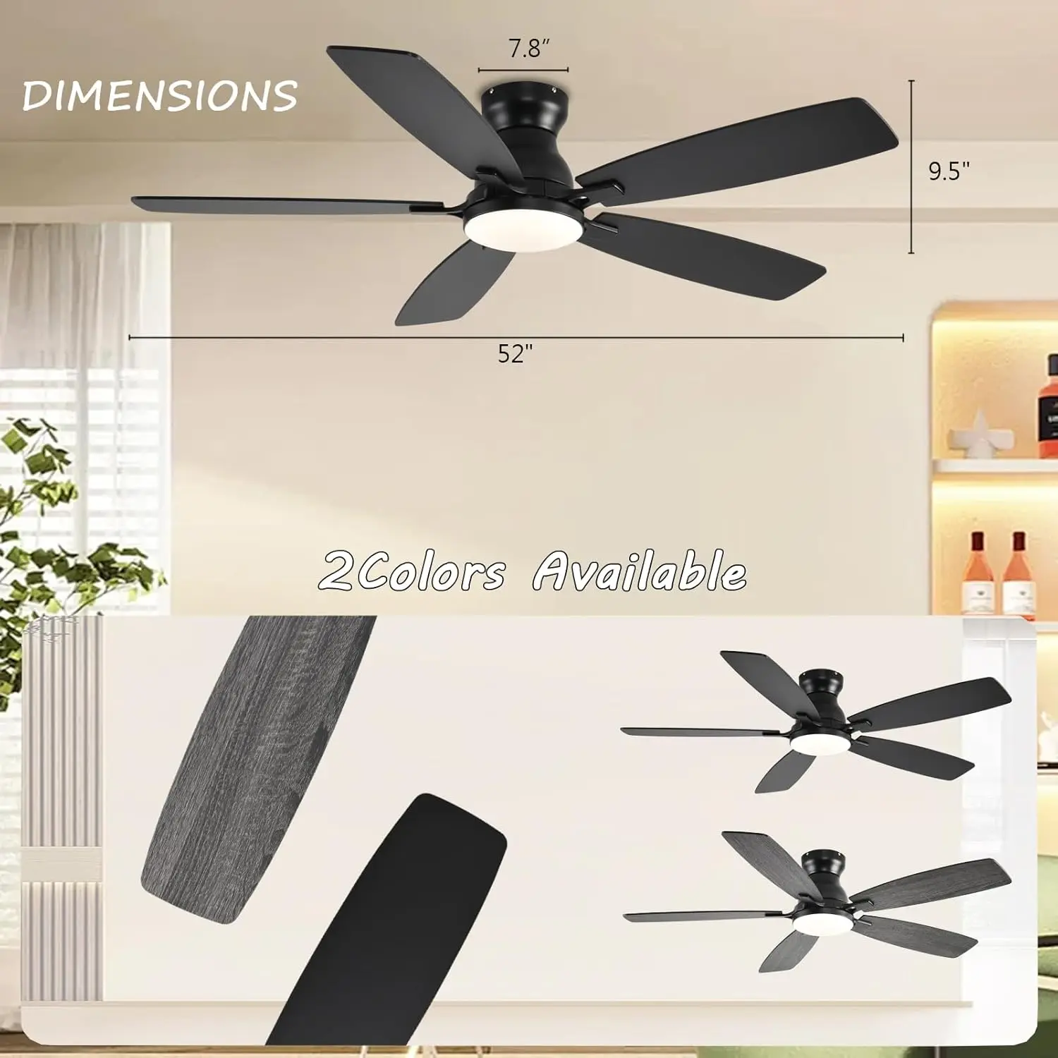 Ventilador de teto do perfil baixo com luzes, 52 ", montagem nivelada, CC, motor reversível, controlo a distância