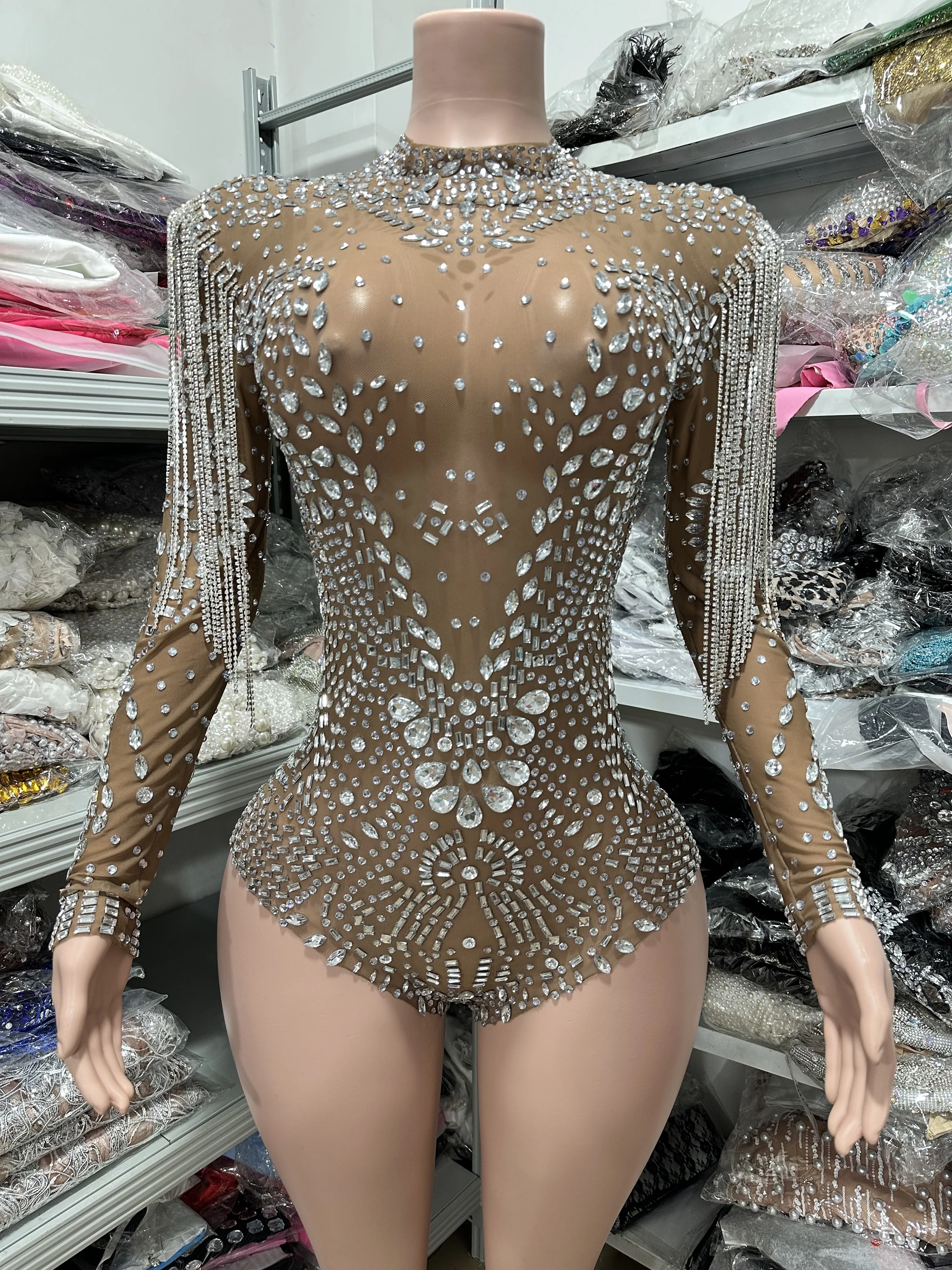 

Luxury Sparkly Rhinestones Tassel Sexy Mesh Bodysuit 2025Women Evening Birthday Party Nightclub Singer Performance Stage Costume