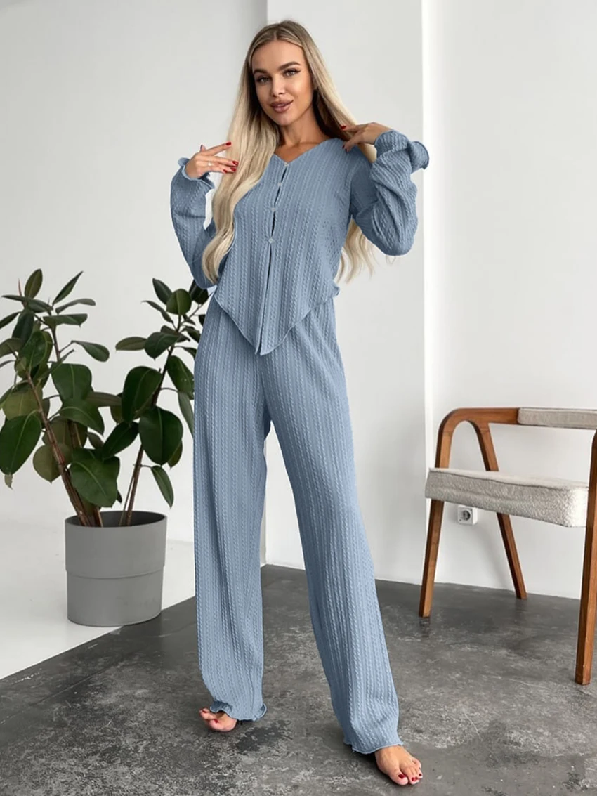 Marthaqiqi Winter Loose Female Nightgown 2 Piece Set V-Neck Sleepwear Long Sleeve Nightwear Pants Blue Casual Home Clothes Women