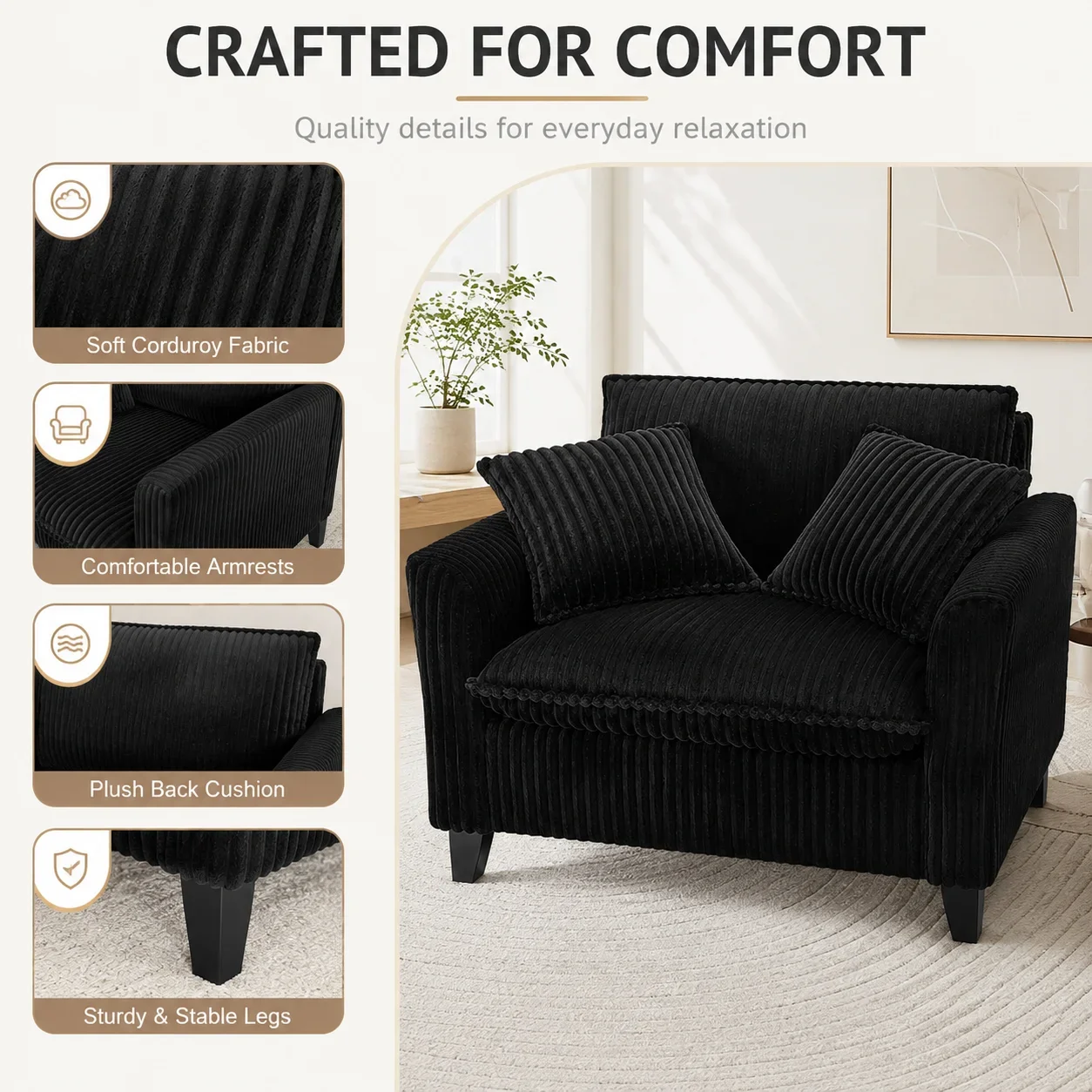 Corduroy Accent Chair Modern Single Sofa Chair with 2 Throw Pillows Ergonomic Backrest Soft High Resilience Sponge Cushion Comfy Armchair for Living Room Bedroom Balcony Easy to Assemble