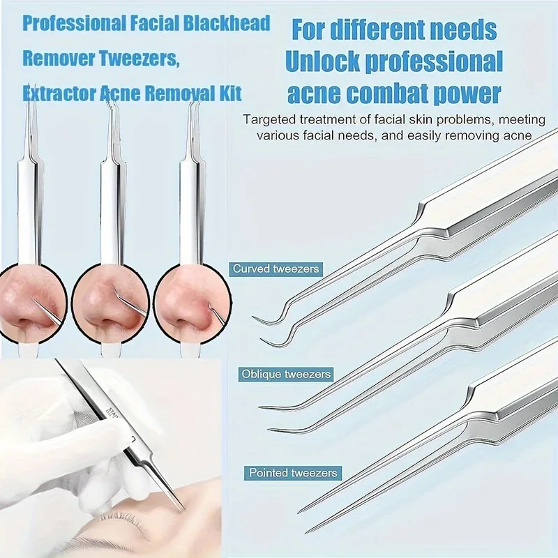Pinzette professionali per la rimozione dei punti neri del viso da 8 pezzi, pinzette in acciaio inossidabile ad alta precisione, kit di strumenti per pinze ad ago e naso