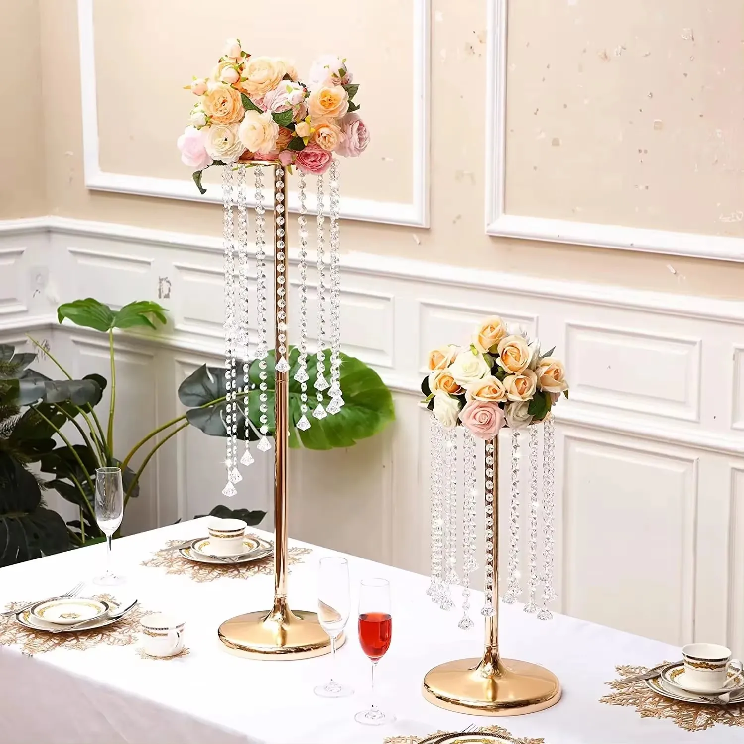 

Crystal Gold Flower Vase, Wedding Centerpiece, Table Decorations, Metal Flower Holder Stand, Wedding Road, 6Pcs