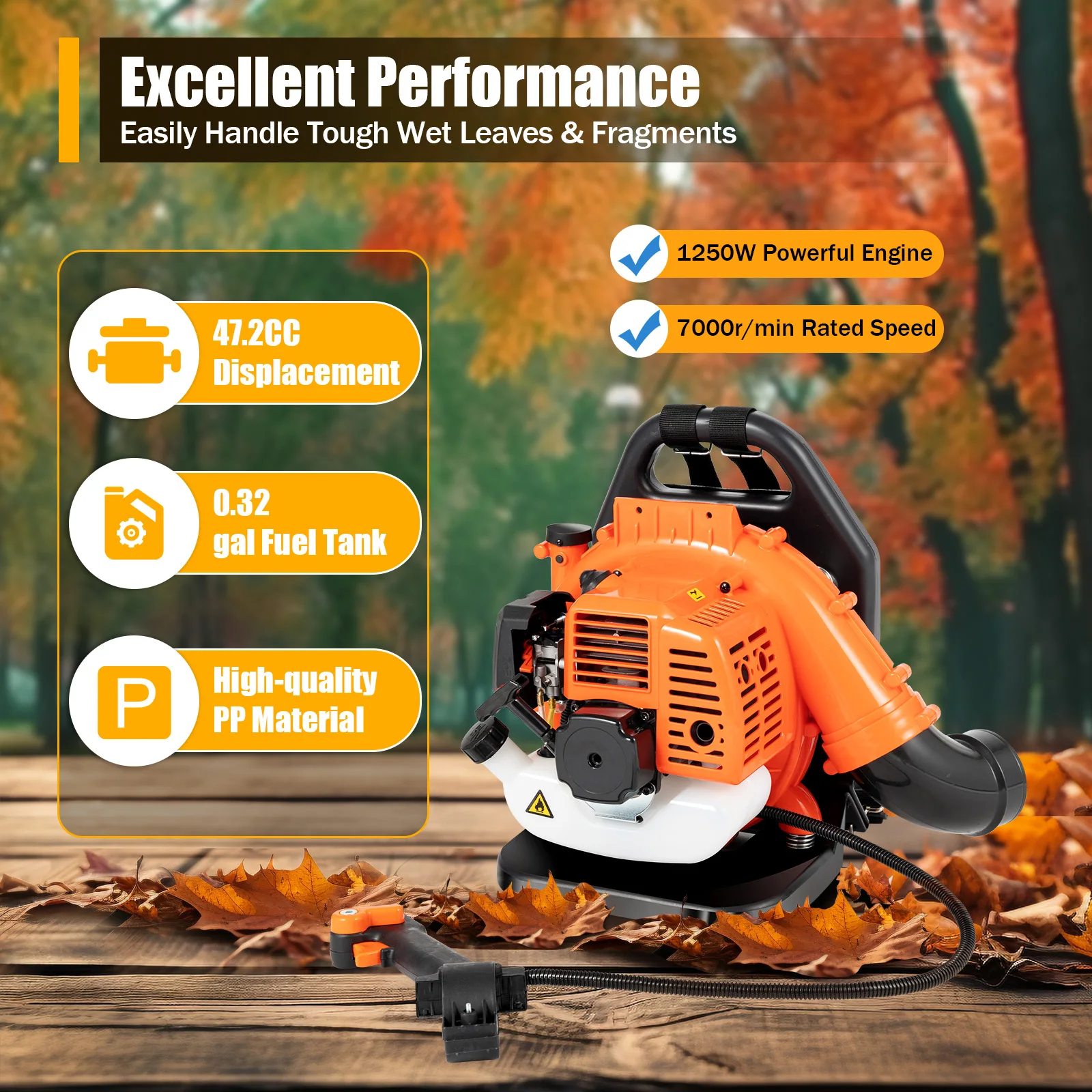 

Powerful 1250W Gasoline Leaf Blower, 47.2CC Engine, 7000r/min Speed, Adjustable Backpack Design, Long-lasting Operation, Easy