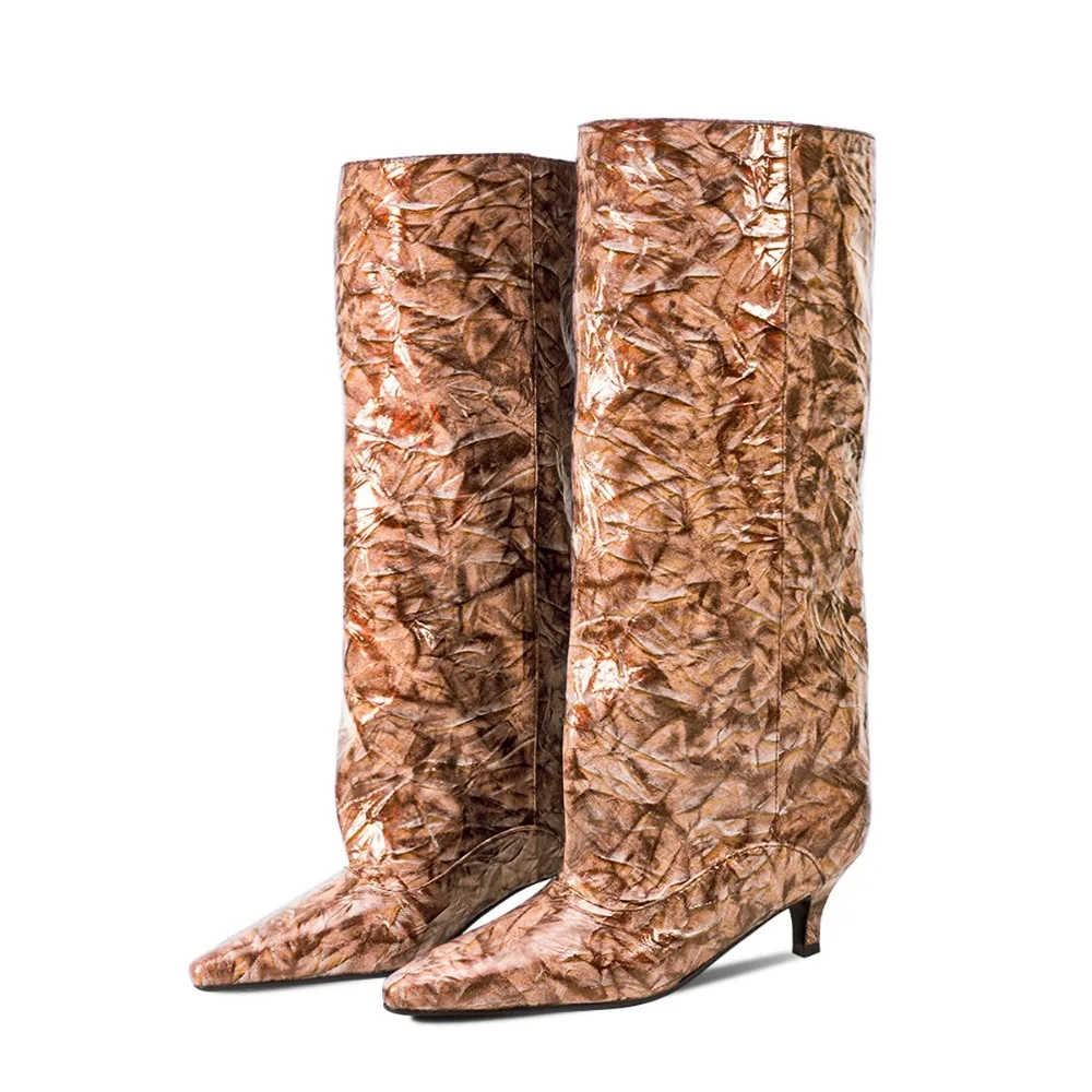 Women Vintage Crinkled Floral Print Knee Length Boots Pointed Low Kitten Heel Footwear for Daily Street Evening Party Dating - view 5