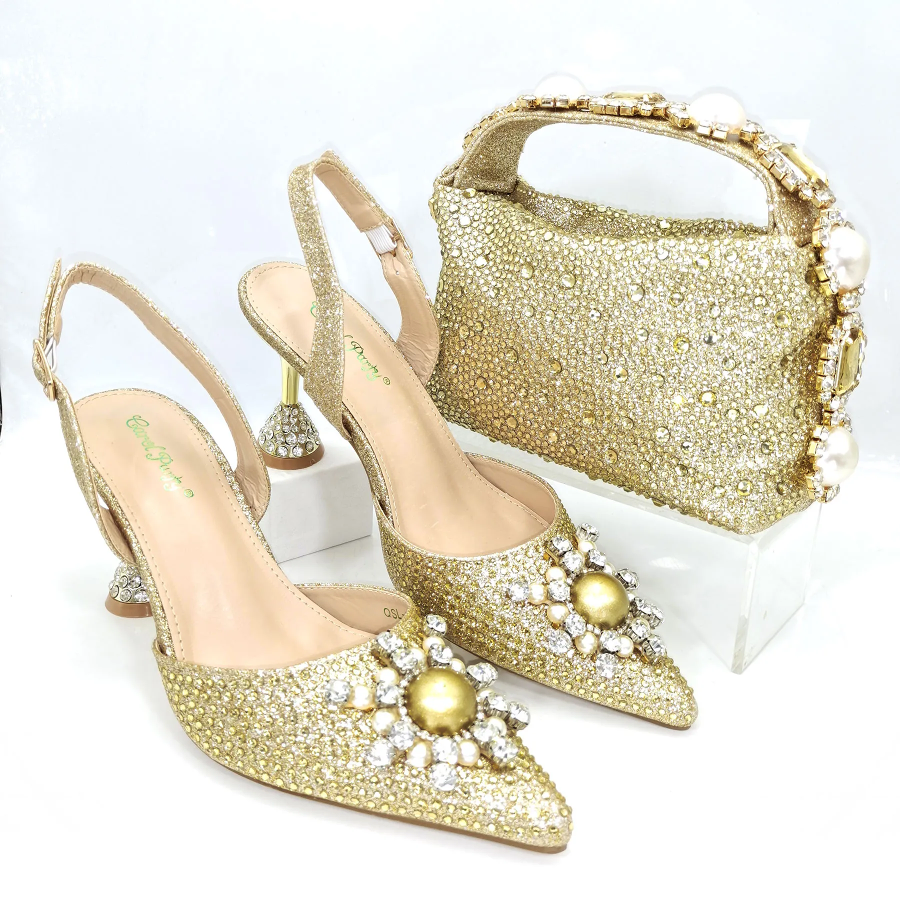 QSGFC Gold Color Elegant Lady Shoes And Bag Set with Rhinestone Embellished Pearls-knot Wear-resistant And Comfortable Heel