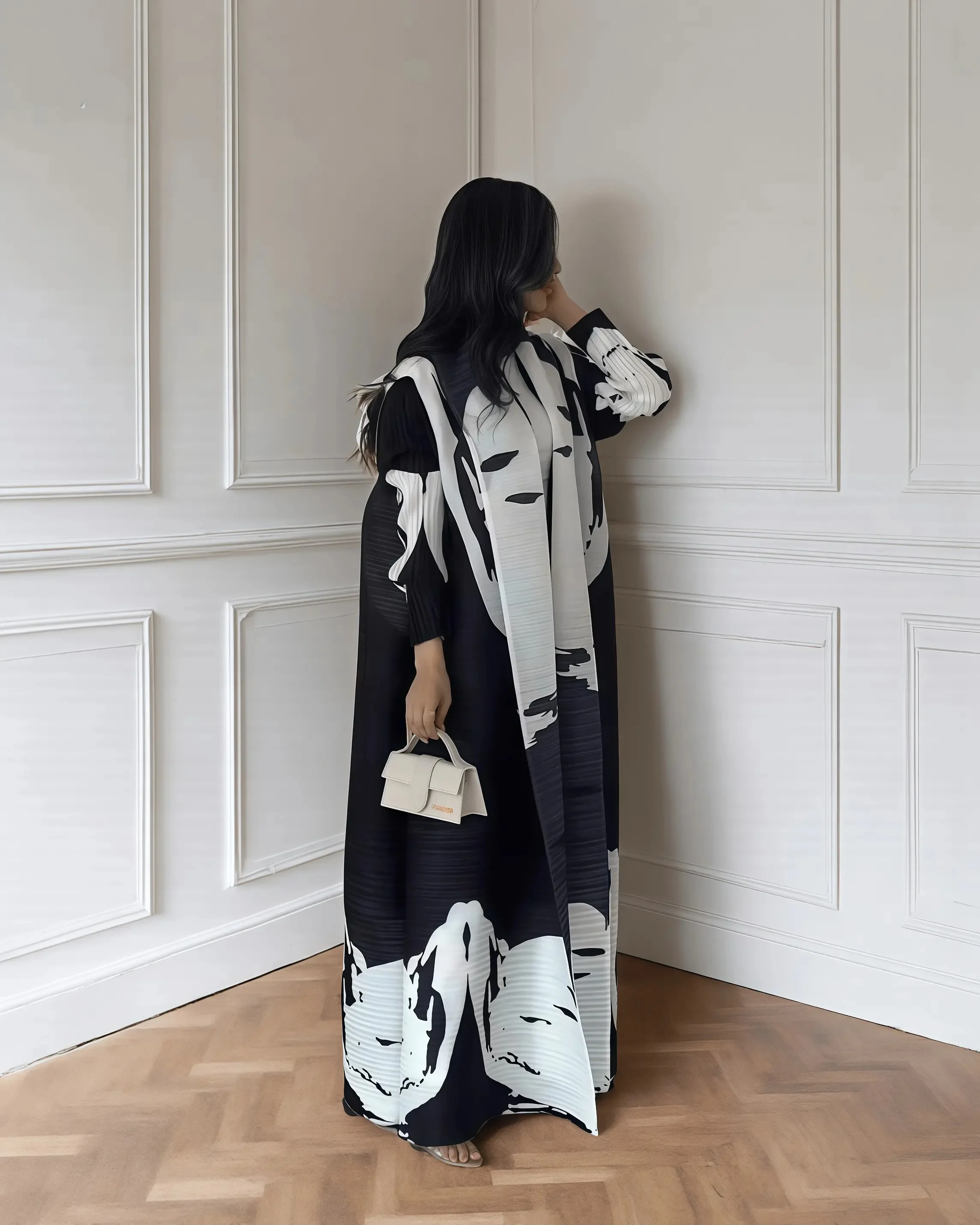 Dames Miyake geplooide Abaya met lange mouwen, print, opvouwbare kraag, robe, cardigan, jas, nieuwe wintermode, origineel ontwerp 2026