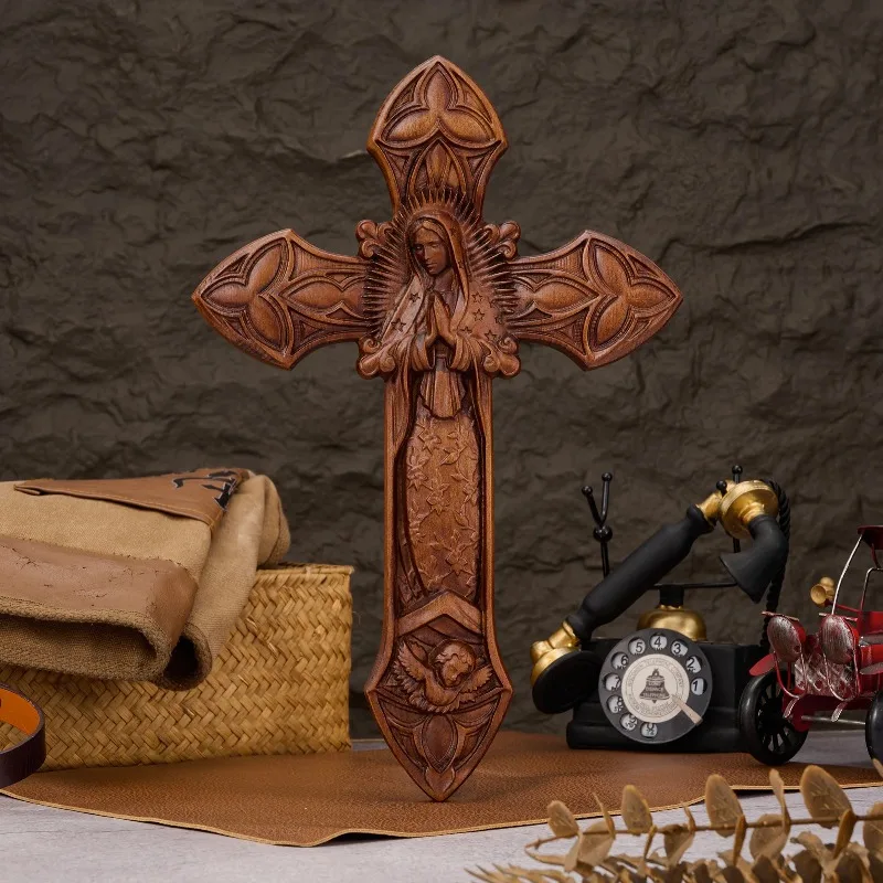 Faith Wooden Our Lady Wall Cross Hand Carved Virgin Mary Relief Sculpture Catholic Religious Wall Hanging Decor