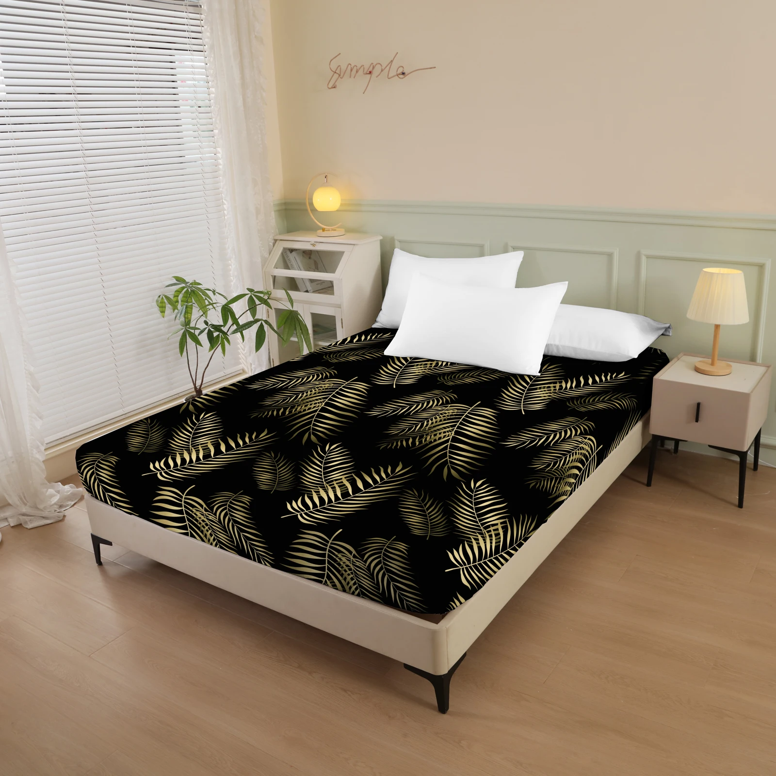 Plant-Style Printed Fitted Sheet, 1-Piece Mattress Cover (Pillowcase Not Included), Simple Style Polyester Fiber Rectangular 3D Dirt-Resistant Mattress Protector, Polyester Five-Sided Patterned Fitted Sheet, Suitable for Bedroom, Dormitory, Guest Room, Homestay, All-Season Use, Machine Washable