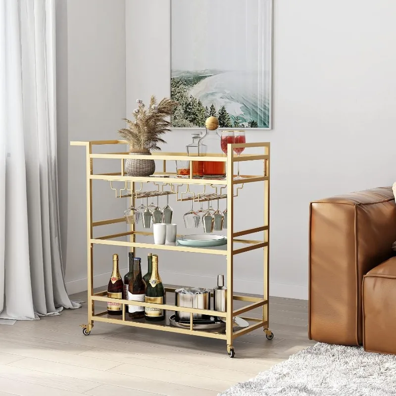 

Gold Bar Carts with 3 Tier Glass Shelves, Rolling Serving Bar Cart with Wine Rack and Glass Holder