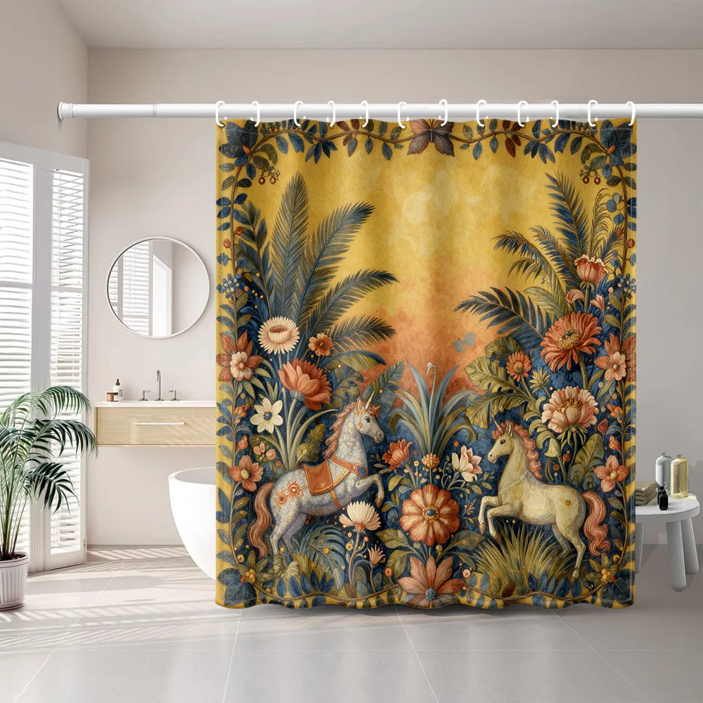 1pc Tropical Floral Plant with Double Horse Print Shower Curtain, Bathroom Home Decor Shower Curtain with Free Plastic Hooks, Su