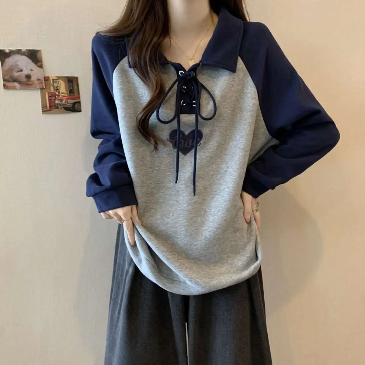 Femme Spring Autumn Fashion Loose Printing Collar Pullovers Sweatshirts Women Clothes All-match Appear Thin Drawstring Tops