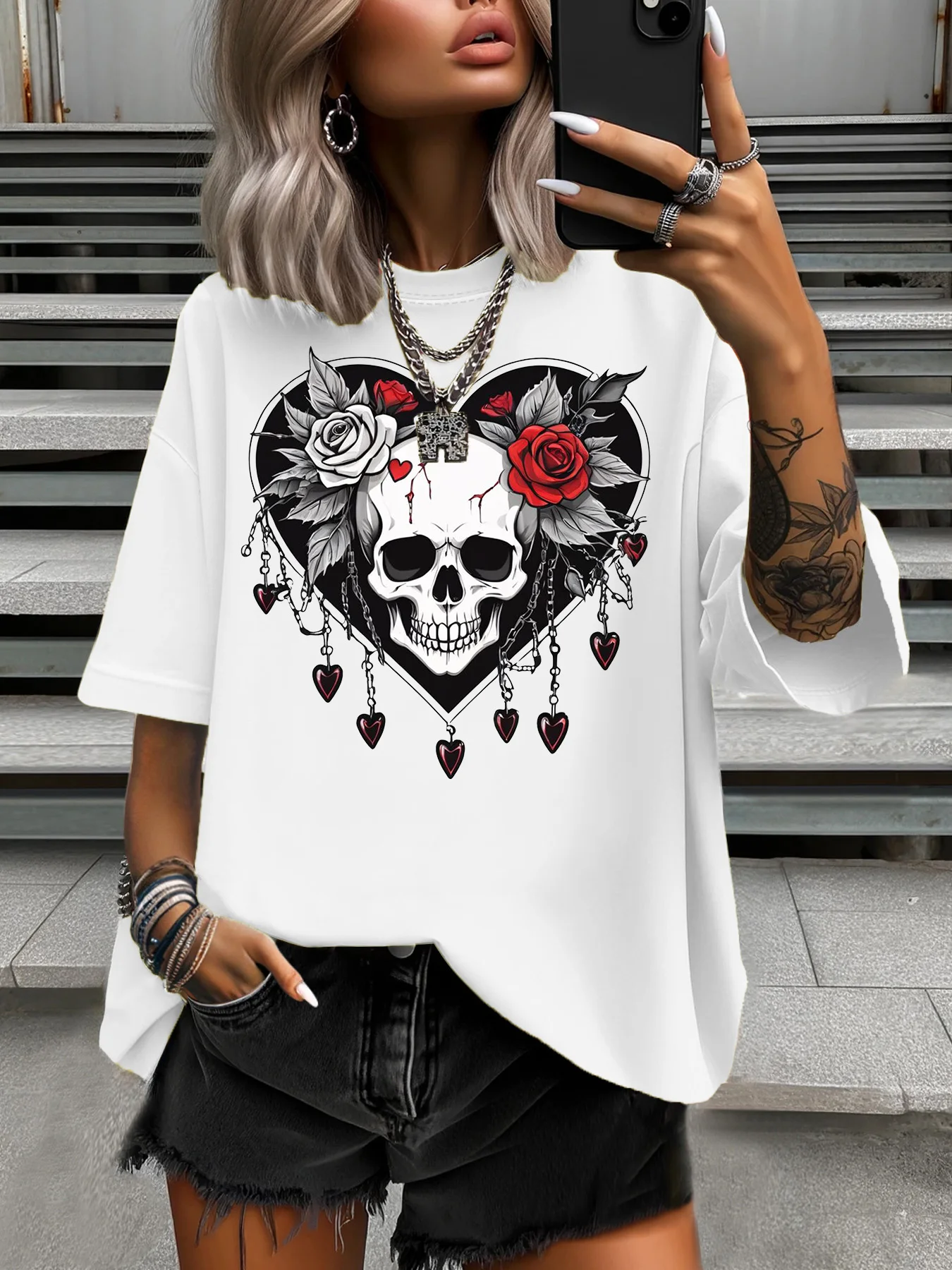 

Летняя женская футболка больших размеров, оригинальный дизайн, модные женские повседневные топы с принтом черепа и розы, круглый вырез, топы с короткими рукавами