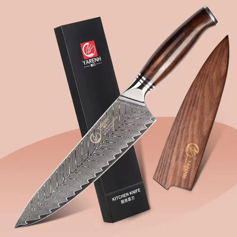 Yarenh 8 Inch Chef Kitchen Knife Cooking Knives Damascus High Carbon Steel With Wooden Sheath Tools With Dalbergia Wood Handle