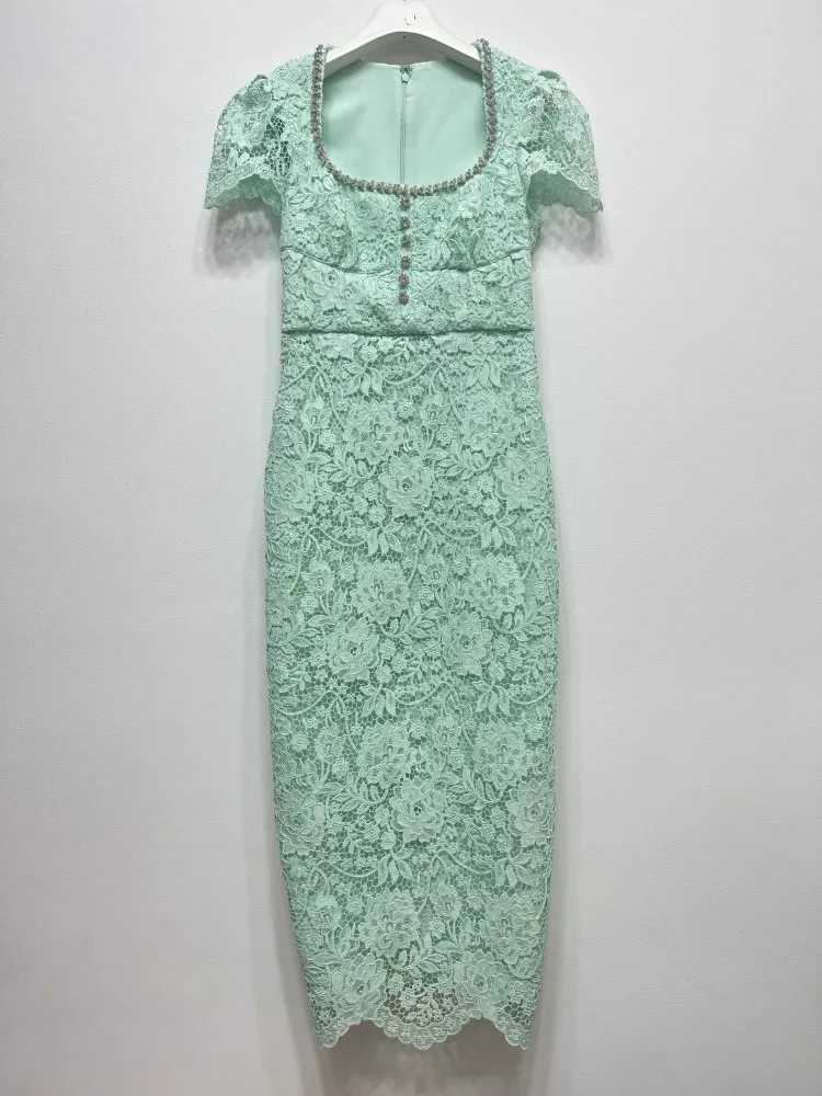 

Top Quality New Bodycon Party Lady Dresses Sexy Square Collar Crystal Beading Deco Short Sleeve Midi Beige Green Lace Sexy Dress