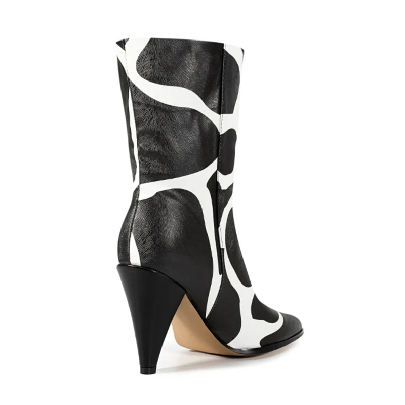 Abstract Black White Print Mid‑Calf Boot Pointed Toe Cone High Heel Side Zipper Retro Fashion Winter Party Dress Boots