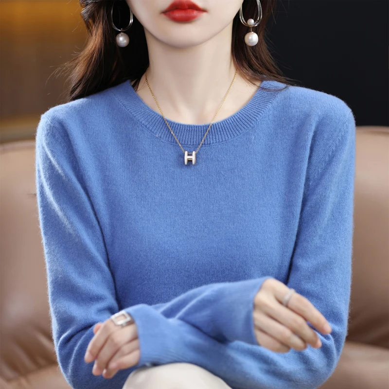 Autumn and winter new 100% merino sweater O-neck knitted ladies high-end solid color long-sleeved warm cashmere sweater top.