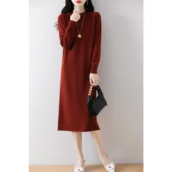 2024 new women's long skirt 100% wool pullover O collar women's long sweater fashion hot sale cashmere women's dress