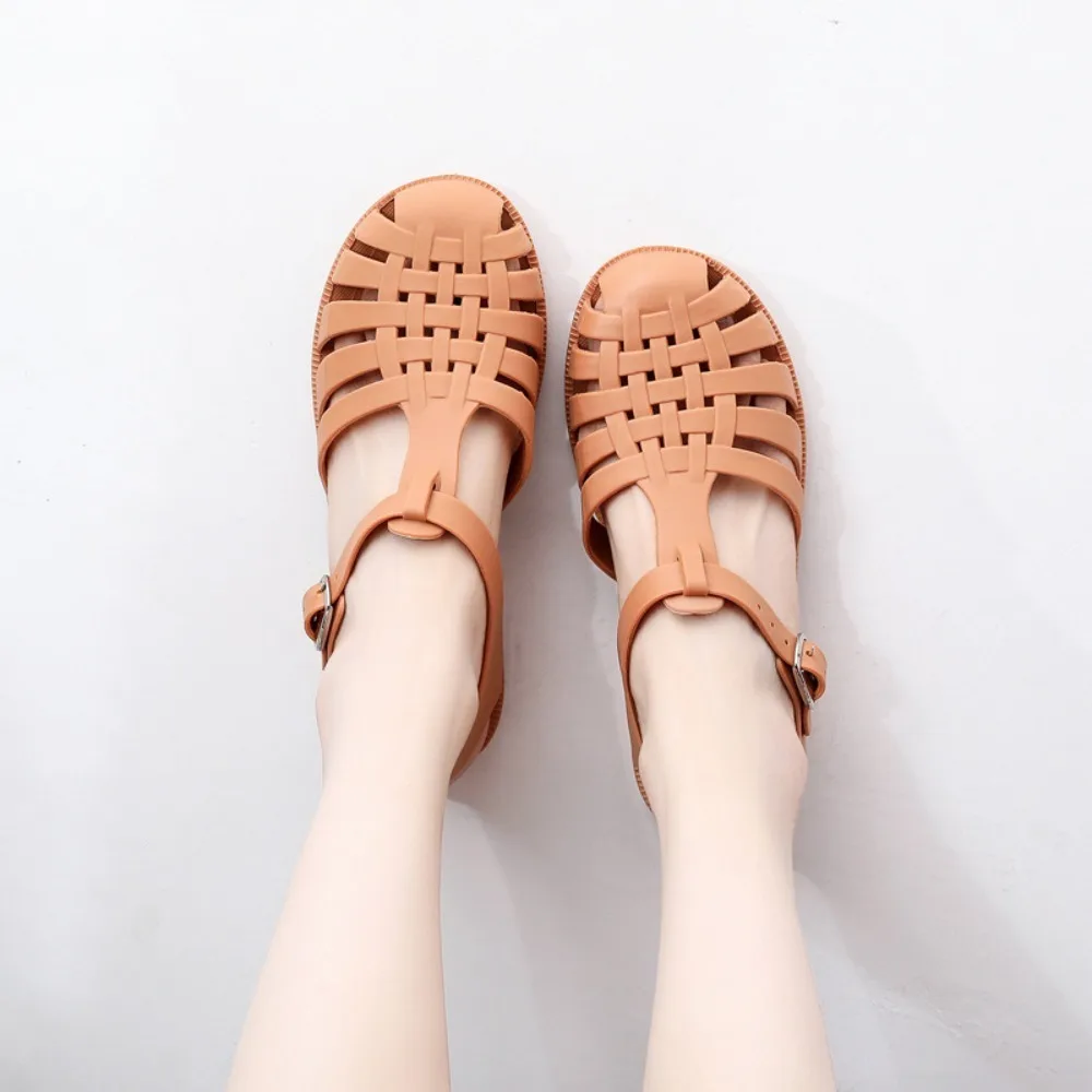 

Retro PVC Summer Roman Sandals Soft Sole Comfortable Roman Jelly Sandals Flat Non-slip Round Toe Hollow Out Shoes Unisex