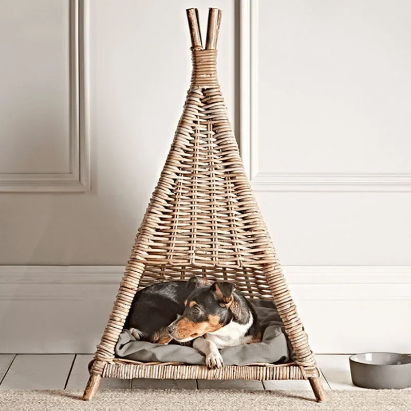 INS Style Luxury Elevated Natural Wood And Rattan Tent Dog Cat Bed For Small Pet