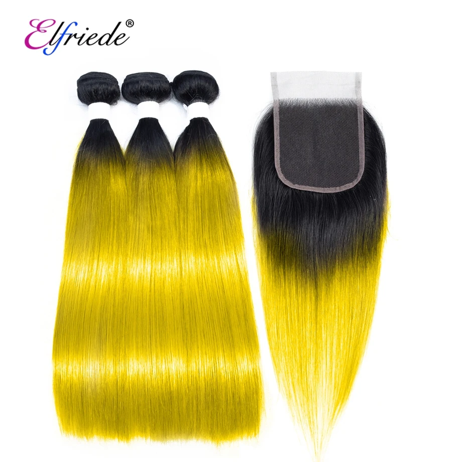 Elfriede Ombre #1B/Yellow Straight Hair Bundles with Closure Brazilian Remy Human Hair Wefts 3 Bundles with Lace Closure 4x4