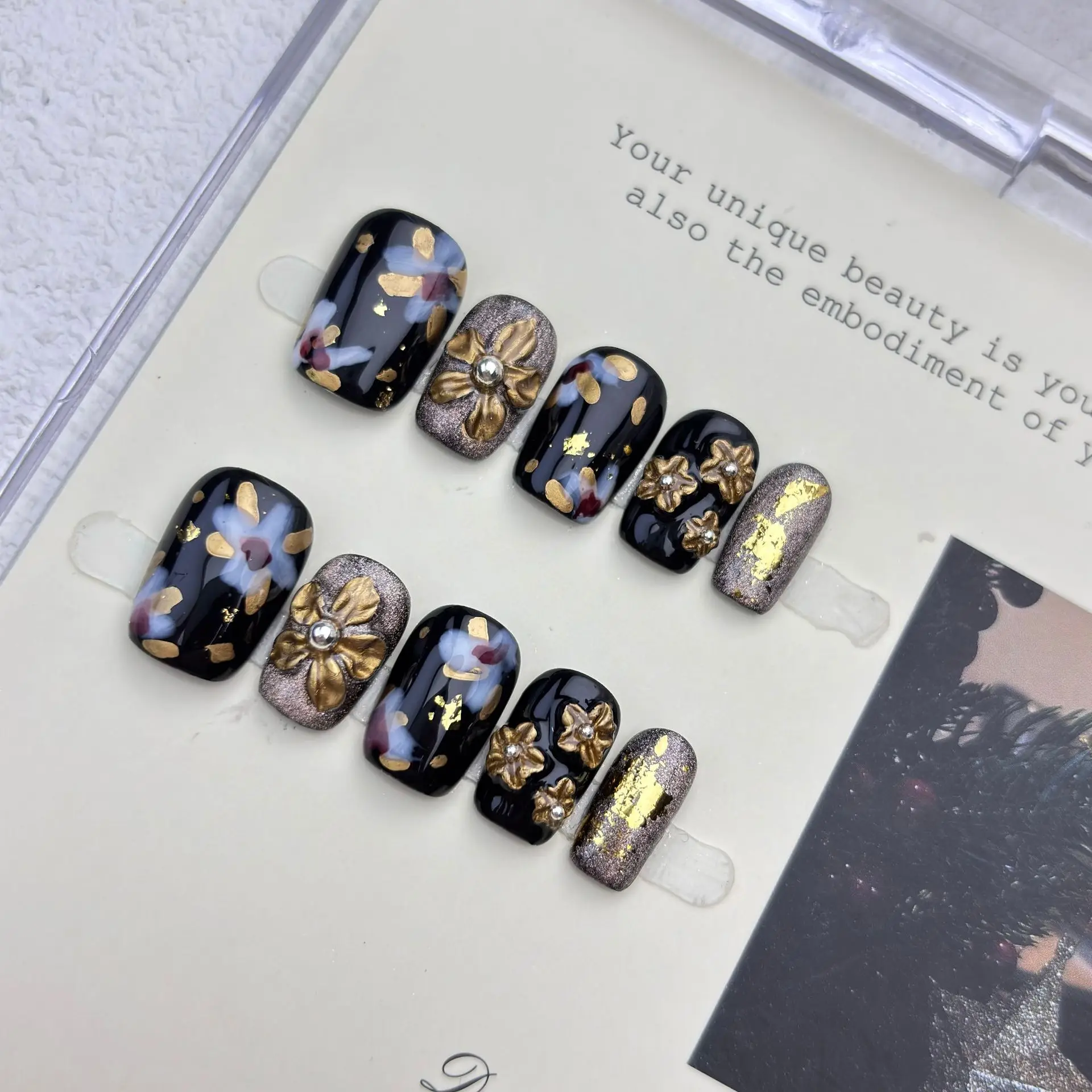 

10 шт., 3D цветок ручной работы, квадратный пресс для ногтей ручной работы, усовершенствованные ретро накладные ногти, носимые накладные ногти, накладные ногти