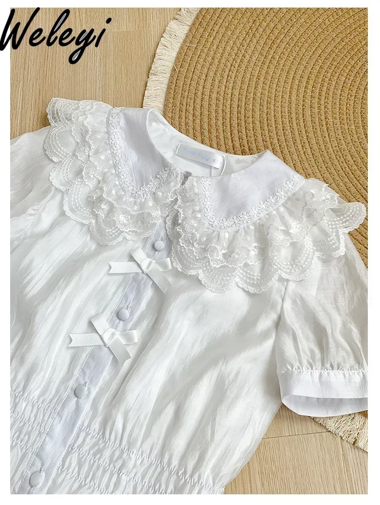 Original Lolita Sweet Bow Inner Shirt Ladies Jiraii Kei 2024 Summer Cute Pure Color Doll Collar Short Puff Sleeve Blouse Women