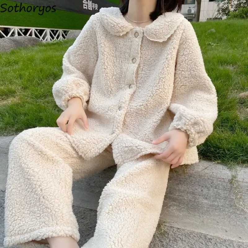 

Women's Pajama Sets Winter Peter Pan Collar Loungewear Soft Cute Students Thickening Coral Fleece Sweet Long-sleeved Night Wear