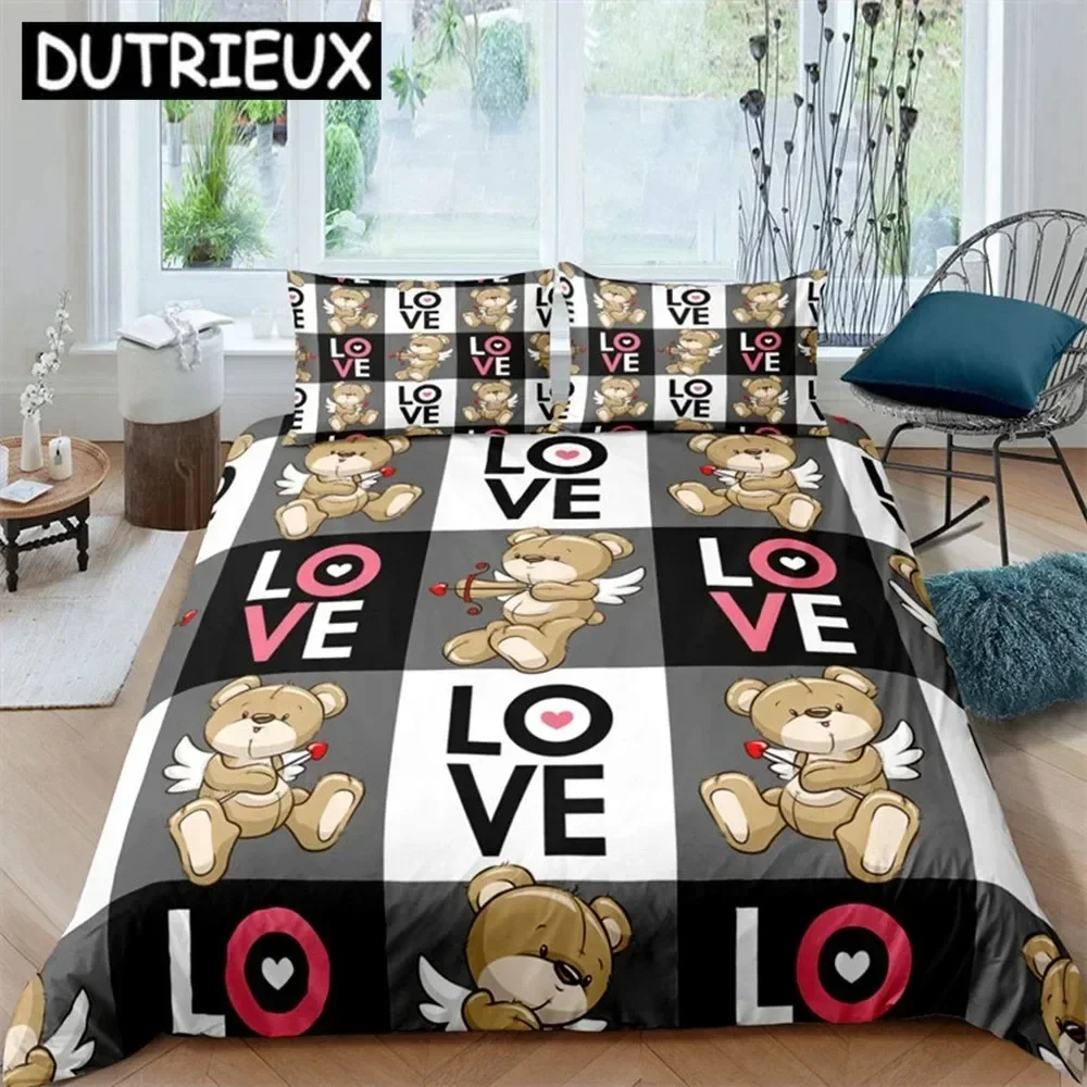 Teddy Bear Pattern Bedding Set Simple Bedspread Pillowcase Cartoon Home Textile Children Adult Bedroom Decoration