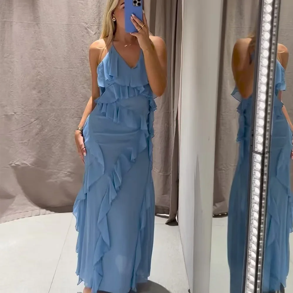 Kondala feminino outono elegante vestido azul com decote em v babado em camadas vestido longo 2025 nova primavera verão moda romântico vestido de férias