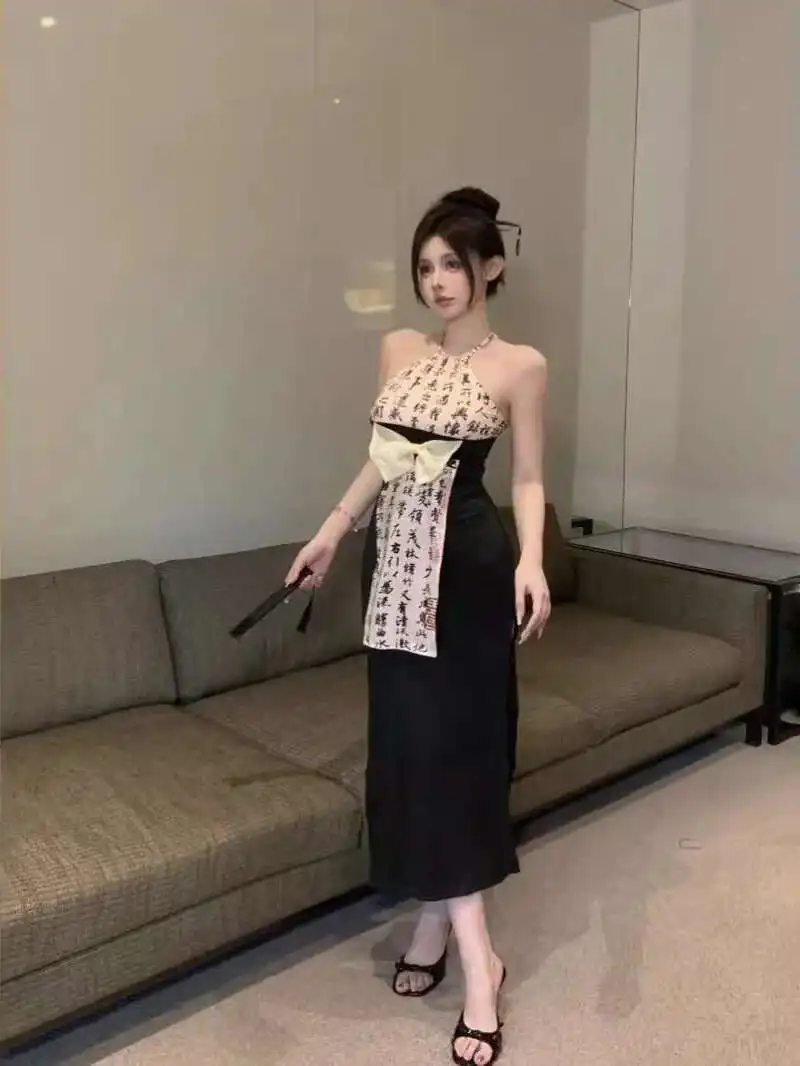 Style Ink Chinese Wash Printed Hanging Neck Dress Women Summer Bow Design Sense Split Fork High Waisted Slim Long Dress 9HP2
