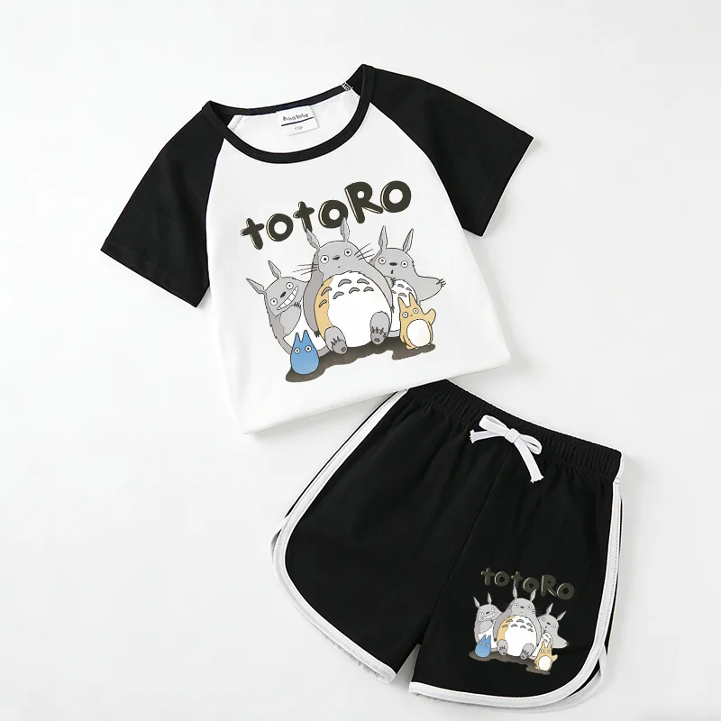 Totoro Raglan Sleeve Short Sleeves Shorts Suit Kids Fashion T-shirt Set Boy Girl Anime Cartoon Print Sportswear Set Summer Tees