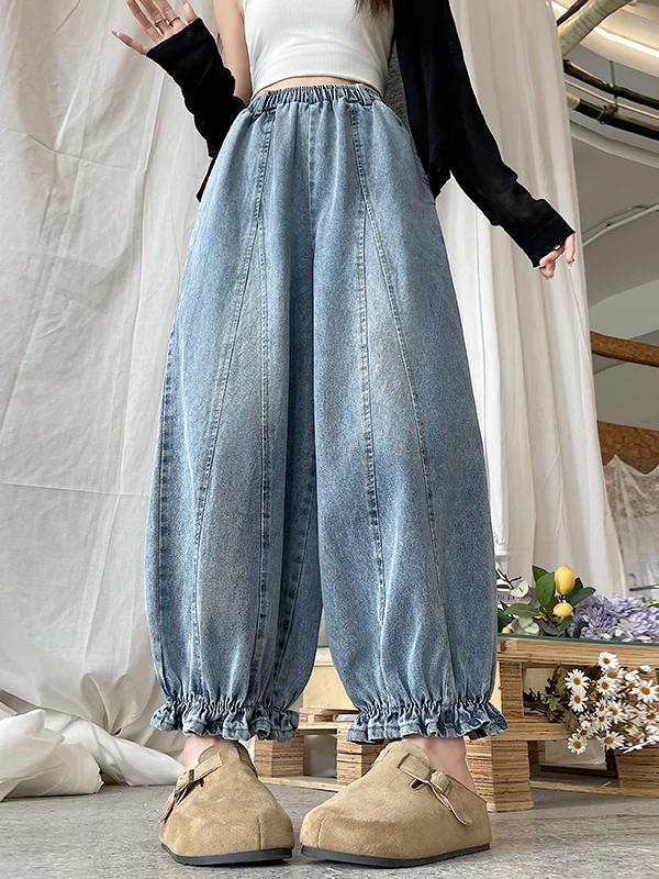 Cotton Denim Wide Leg Pants Women's Spring Autumn New Style Nine Points Flower Lantern Pants Casual High Waist Jeans