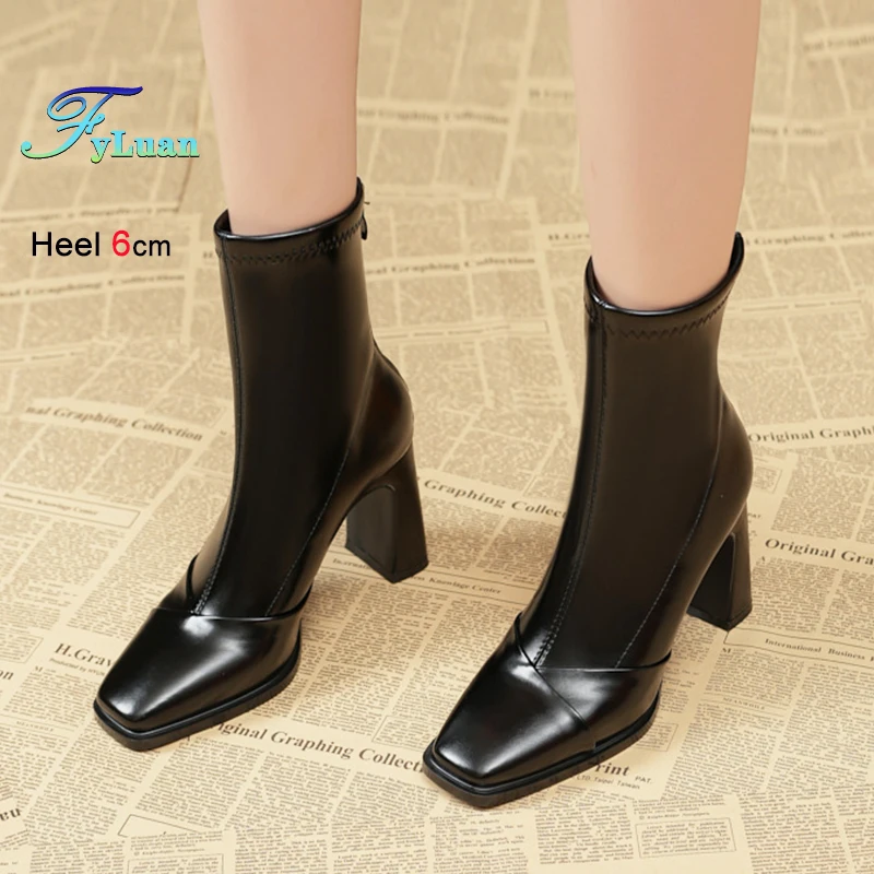 

Women Shoes New British style Model Fashion Square Toe Boots 6CM 8CM Party Shoes Woman Black Chunky Heel Basic Mid-calf Boots